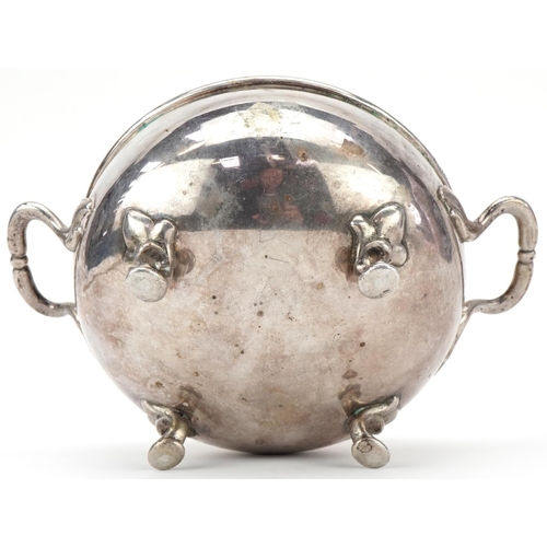 411 - Circular silver twin handled bowl with gilt interior raised on four feet, impressed Russian marks, 1... 