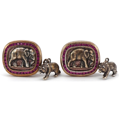 3171 - Pair of silver gilt elephant and bear design cufflinks set with rubies, impressed Russian marks, eac... 