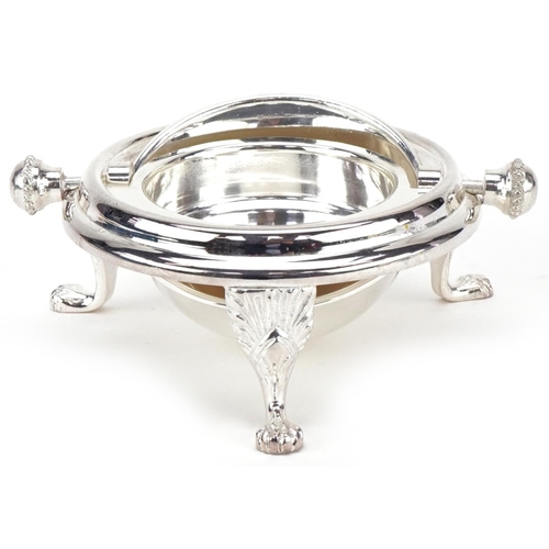 1167 - Miniature silver plated roll top breakfast dish with paw feet, 8.5cm in diameter