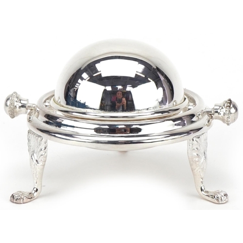 1167 - Miniature silver plated roll top breakfast dish with paw feet, 8.5cm in diameter