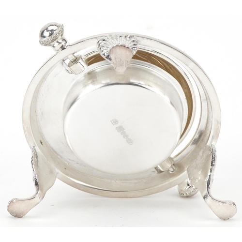 1167 - Miniature silver plated roll top breakfast dish with paw feet, 8.5cm in diameter