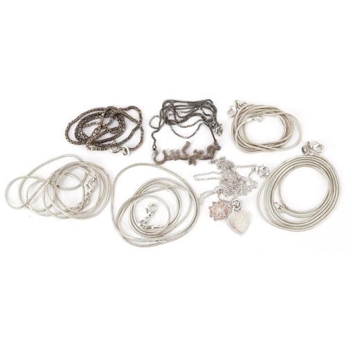 3193 - Seven silver and white metal necklaces, total weight 34.2g