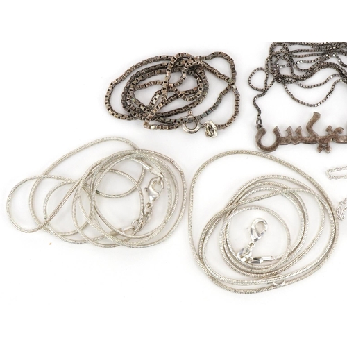 3193 - Seven silver and white metal necklaces, total weight 34.2g