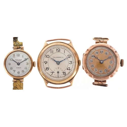 3277 - Three 9ct gold wristwatches including Excalibur and Tavannes, the largest 29mm in diameter, total we... 