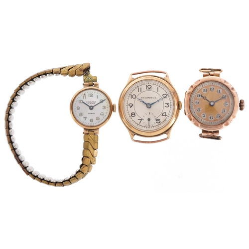 3277 - Three 9ct gold wristwatches including Excalibur and Tavannes, the largest 29mm in diameter, total we... 