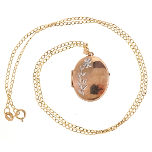 3086 - 9ct two tone gold locket on a 9ct gold necklace, 2.5cm high and 46cm in length, total 2.8g