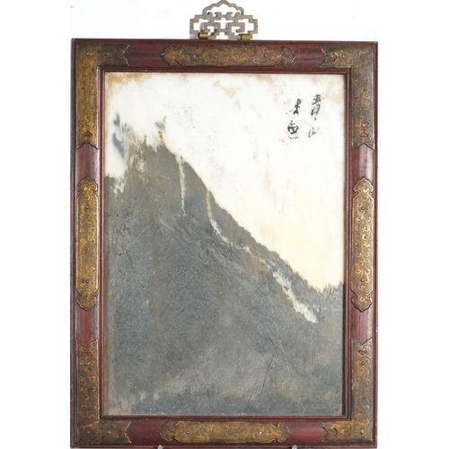 375 - Chinese hardstone panel housed in a hardwood frame with gilt metal mounts, overall 48cm x 36cm