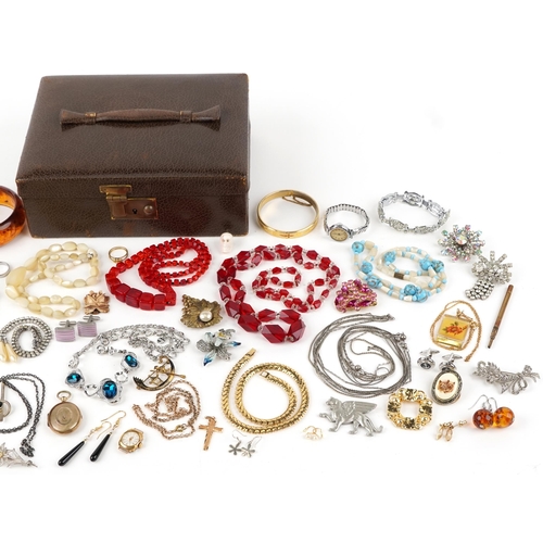 3384 - Antique and later jewellery and wristwatches, some silver, including brooches, opal earrings, neckla... 