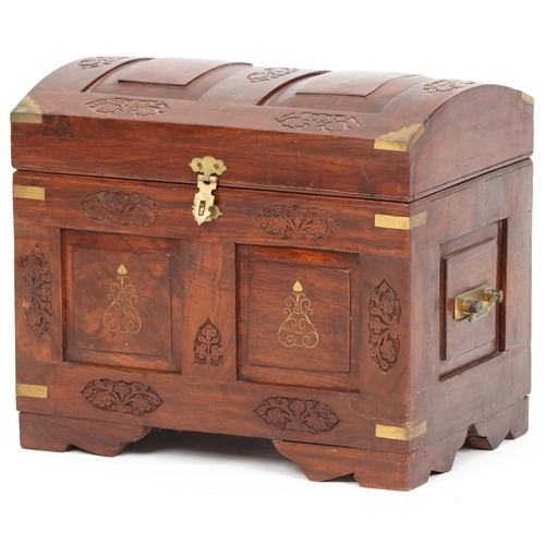 1079 - Late 20th century Chinese camphor dome top trunk with wire and carved decoration, the hinged top rev... 