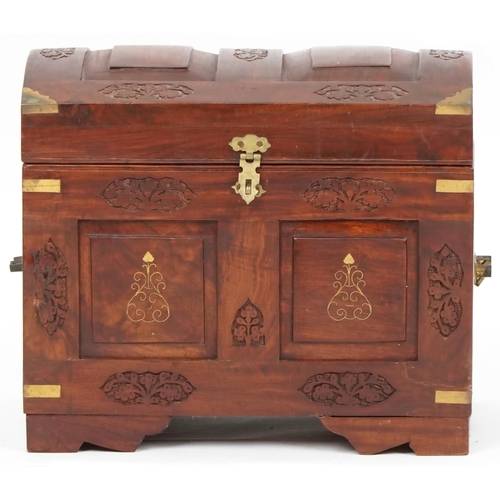 1079 - Late 20th century Chinese camphor dome top trunk with wire and carved decoration, the hinged top rev... 