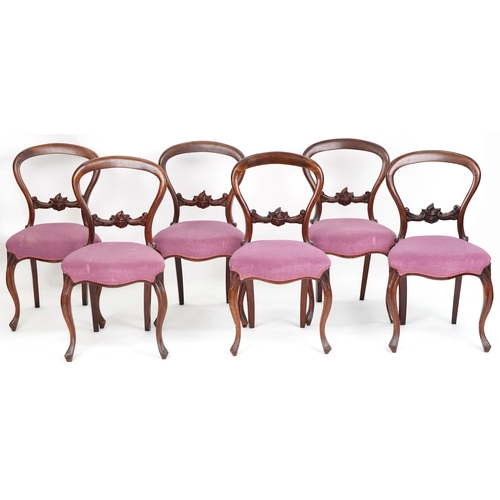 1107 - A set of six Victorian mahogany balloon back dining chairs with overstuffed seats upholstered in a p... 