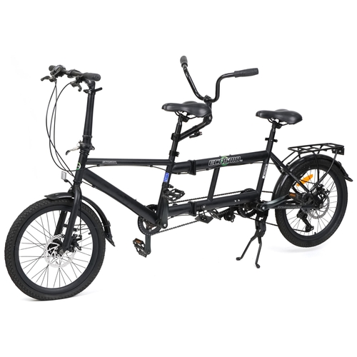 1104 - Ecosmo folding six speed tandem bicycle finished in black with a bike rack to the rear, overall 200c... 