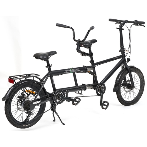 1104 - Ecosmo folding six speed tandem bicycle finished in black with a bike rack to the rear, overall 200c... 