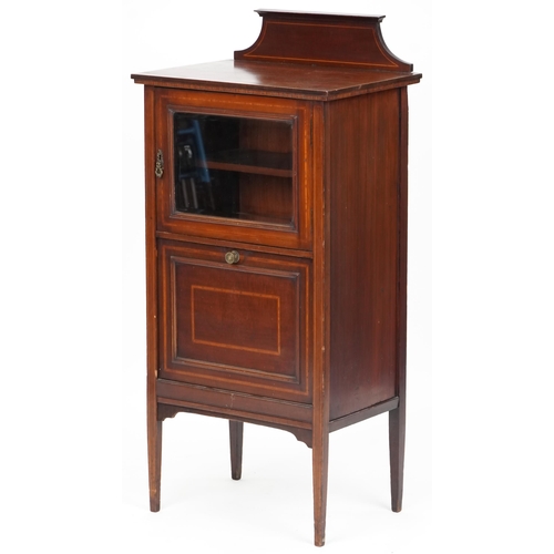 1078 - Edwardian mahogany and satinwood cross banded music cabinet fitted with a glazed door above a fall f... 