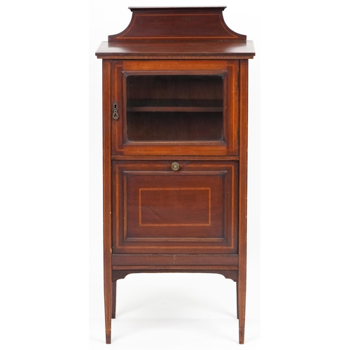 1078 - Edwardian mahogany and satinwood cross banded music cabinet fitted with a glazed door above a fall f... 