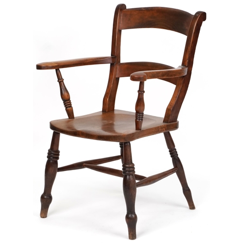 1080 - 19th century beech and elm bar back elbow chair raised on ring turned legs united by stretchers, 92c... 