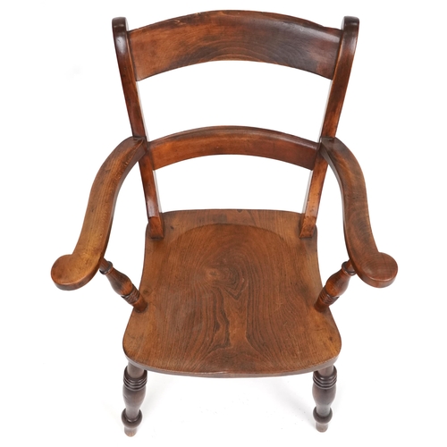 1080 - 19th century beech and elm bar back elbow chair raised on ring turned legs united by stretchers, 92c... 