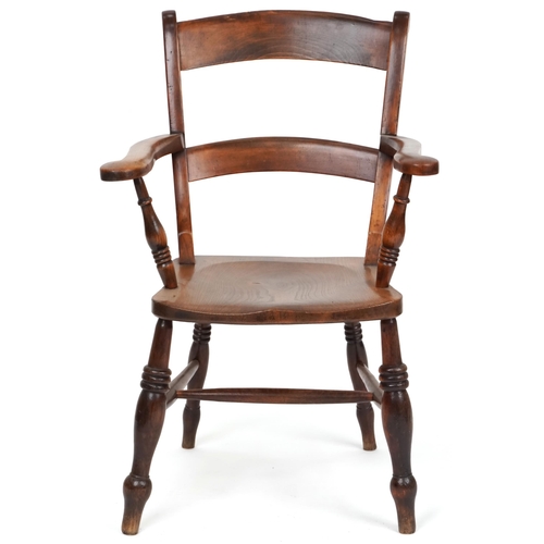 1080 - 19th century beech and elm bar back elbow chair raised on ring turned legs united by stretchers, 92c... 