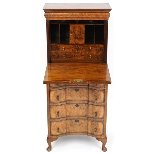 1011 - Early 20th century Queen Anne style burr walnut bachelors secretaire chest of four drawers on cabrio... 