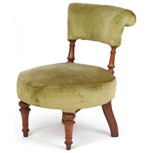 1085 - Late Victorian walnut framed nursing chair upholstered in green velour, raised on turned legs, H-70c... 