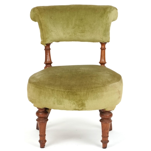 1085 - Late Victorian walnut framed nursing chair upholstered in green velour, raised on turned legs, H-70c... 