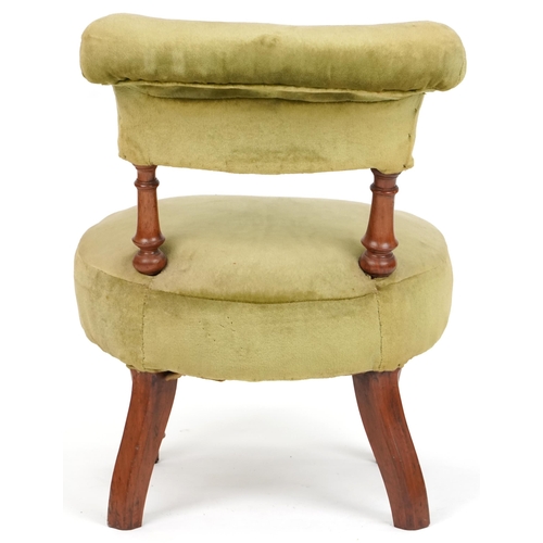 1085 - Late Victorian walnut framed nursing chair upholstered in green velour, raised on turned legs, H-70c... 