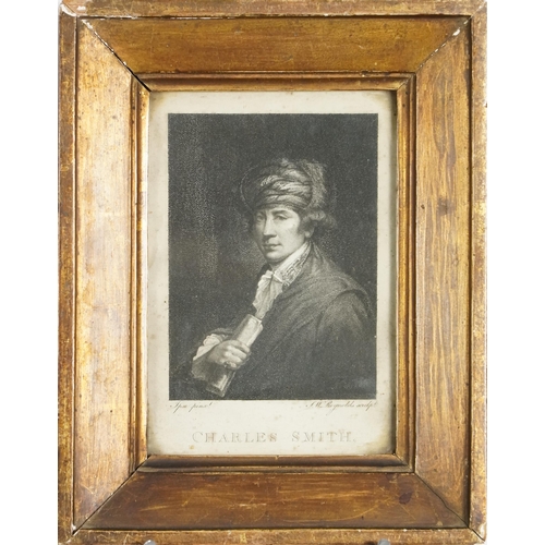 3441 - Victorian three-quarter length engraving of Charles Smith holding a scroll, label verso, within a gi... 