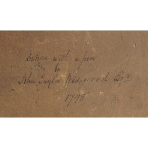 3442 - John Taylor Wedgwood Esquire - Drawn with a pen, late 18th century British school pen on brown paper... 