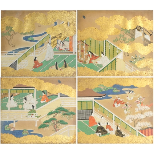 379 - Set of four Japanese watercolours on paper with gold leaf, scenes of life in imperial court society ... 