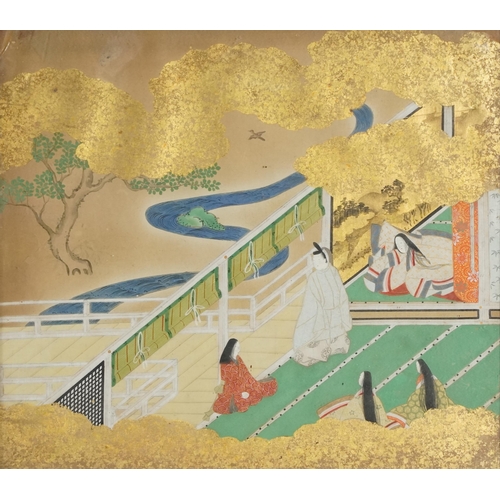 379 - Set of four Japanese watercolours on paper with gold leaf, scenes of life in imperial court society ... 