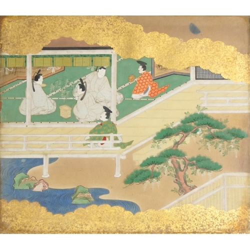 379 - Set of four Japanese watercolours on paper with gold leaf, scenes of life in imperial court society ... 