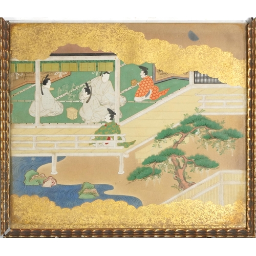 379 - Set of four Japanese watercolours on paper with gold leaf, scenes of life in imperial court society ... 