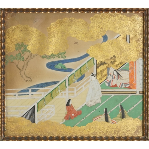 379 - Set of four Japanese watercolours on paper with gold leaf, scenes of life in imperial court society ... 