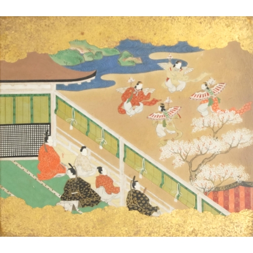 379 - Set of four Japanese watercolours on paper with gold leaf, scenes of life in imperial court society ... 