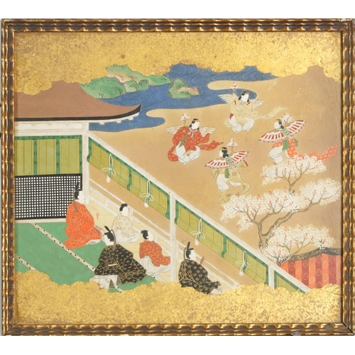 379 - Set of four Japanese watercolours on paper with gold leaf, scenes of life in imperial court society ... 