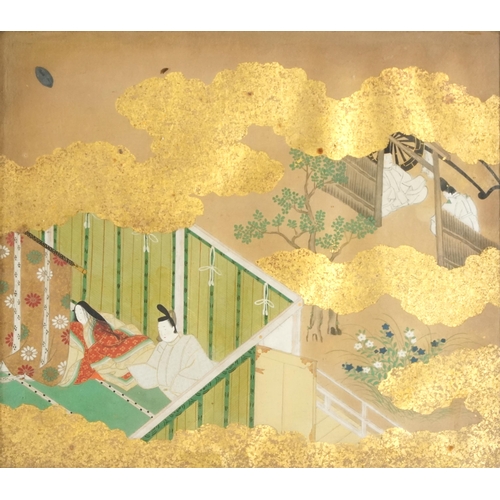 379 - Set of four Japanese watercolours on paper with gold leaf, scenes of life in imperial court society ... 