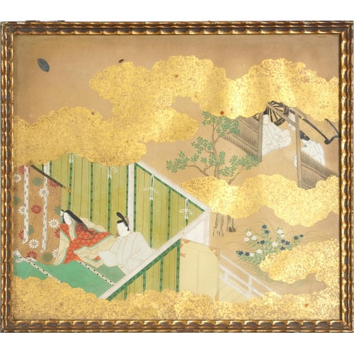 379 - Set of four Japanese watercolours on paper with gold leaf, scenes of life in imperial court society ... 