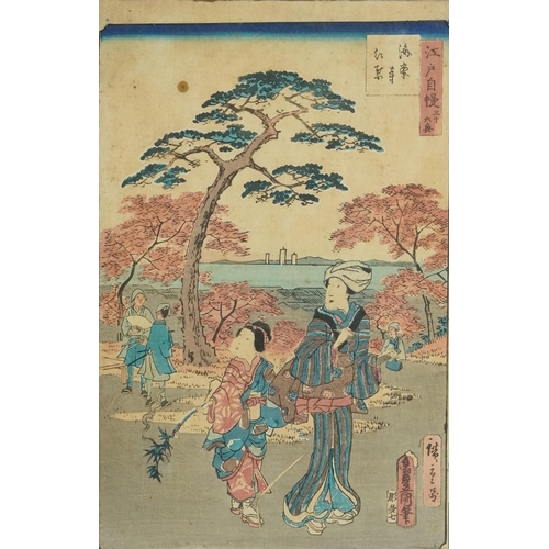 384A - Japanese woodblock print, 19th century, hand coloured, bearing signatures, glazed, 36cm x 26cm