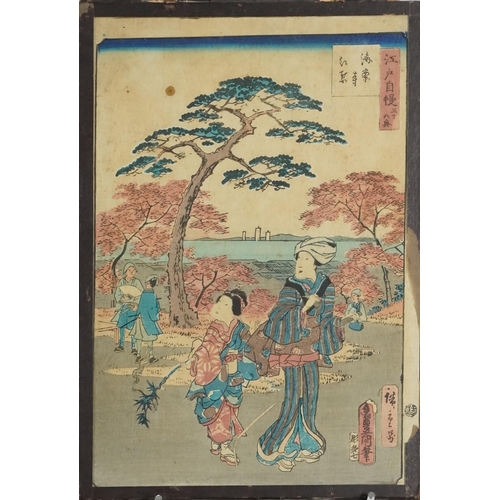 384A - Japanese woodblock print, 19th century, hand coloured, bearing signatures, glazed, 36cm x 26cm