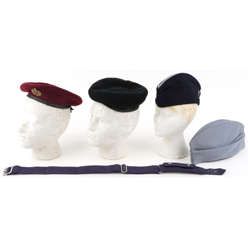 2648 - Group of four military caps including a Royal Engineers red beret together with a blue canvas belt