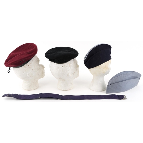 2648 - Group of four military caps including a Royal Engineers red beret together with a blue canvas belt