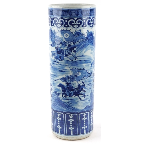 143 - Good Chinese blue and white stick stand, Kangxi, decorated with warriors, 72cm high x 25cm in diamet... 