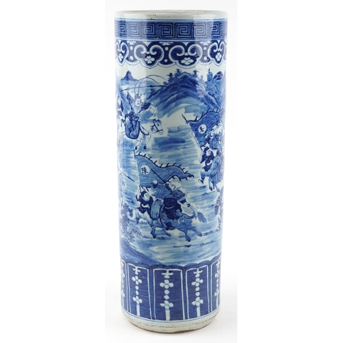 143 - Good Chinese blue and white stick stand, Kangxi, decorated with warriors, 72cm high x 25cm in diamet... 