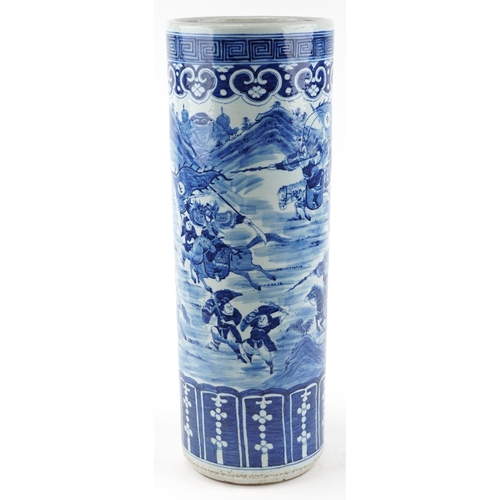 143 - Good Chinese blue and white stick stand, Kangxi, decorated with warriors, 72cm high x 25cm in diamet... 