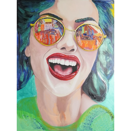 3643 - Clive Fredriksson - Portrait of a laughing girl with reflections in her glasses, Modern British scho... 