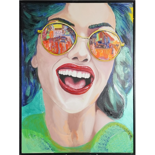 3643 - Clive Fredriksson - Portrait of a laughing girl with reflections in her glasses, Modern British scho... 