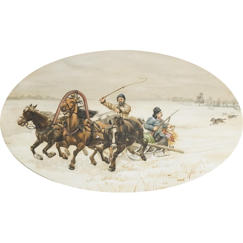 3641 - Two men on a troika being chased by wolves, early 20th century Russian school, oval watercolour on p... 