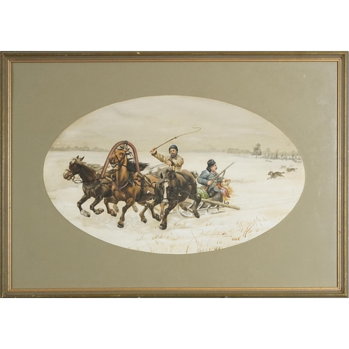 3641 - Two men on a troika being chased by wolves, early 20th century Russian school, oval watercolour on p... 