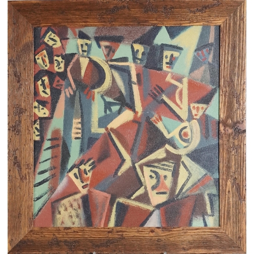 3640 - Alan Dixon - Theatre, late 20th century abstract acrylic on board within a driftwood style frame, 44... 