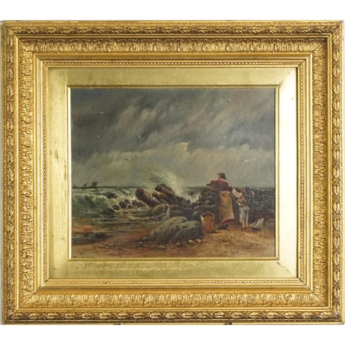 3632 - Coastal landscape, early 19th century British school oil on canvas within a gilt and gesso stiff lea... 